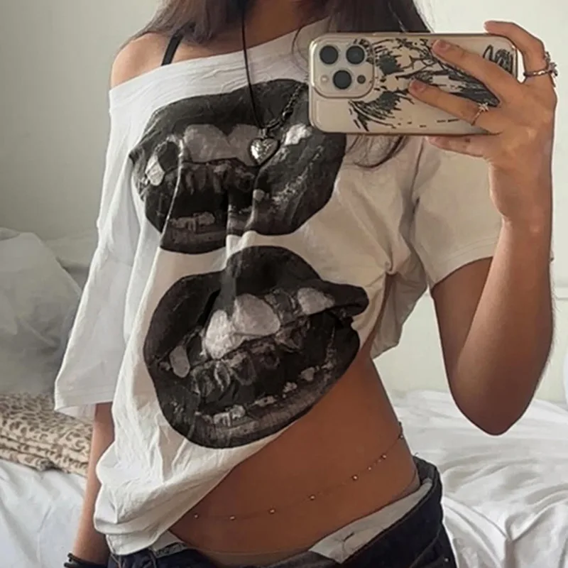 

American Street Hip Hop Mouth Print Loose T-shirt Women Personalized Casual Top Loose White Short Sleeve O Neck T-shirts