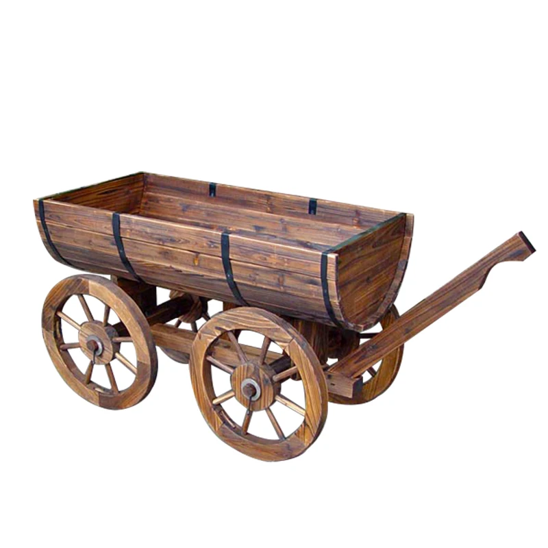 Outdoor anti-corrosion flower box carbonized wood flower pot landscape float antique hand push wheel mobile retro flower groove