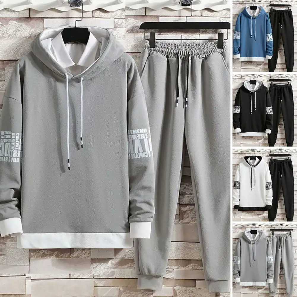 Hooded Sweatshirt Pants Set Drawstring Hooded Sweatshirt Pants Set Men's Color Block Hooded Sweatshirt Jogger Pants for Active