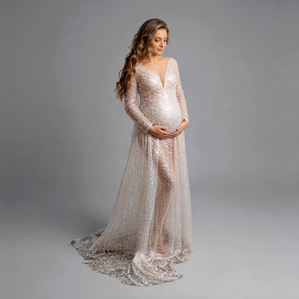 Sparkle V Neck Maternity Photoshoot Dress Long Sleeve Beach Boho Chiffon Pregnancy Photography Gown Custom Maxi Dress