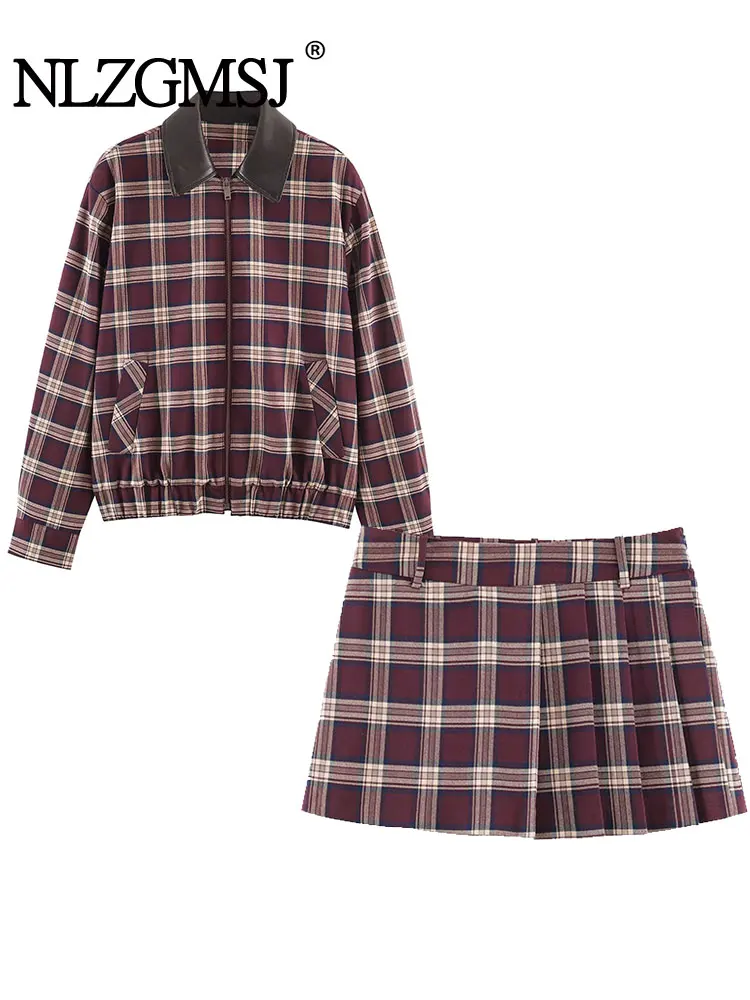 NLZGMSJ 2026 Spring Autumn Women Plaid Set New Long Sleeves Bomber Jacket Top+Mini Wrinkle Skirts Two-Piece Set