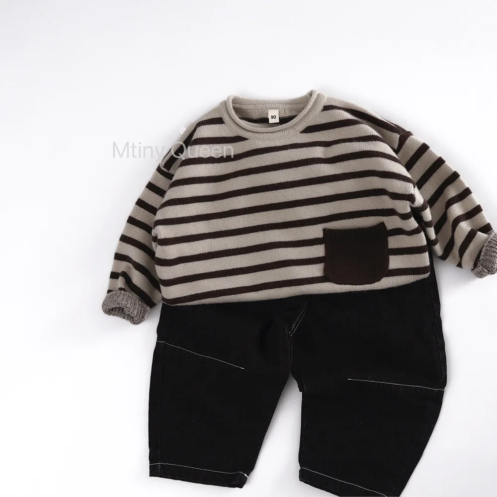 2025 Autumn New Children Casual Striped Sweater Vintage Pocket Boys Girls Long Sleeve Knit Pullover Kids Knitted Sweater