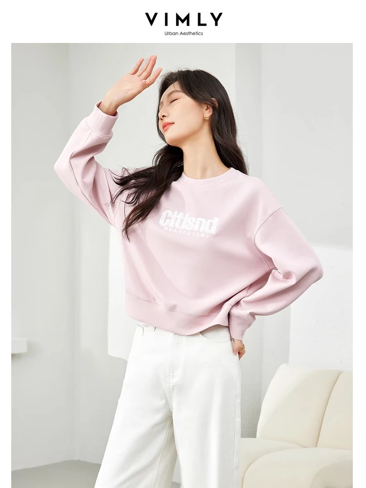 Vimly Light Pink O-neck Sweatshirts 2024 Spring New Letter Embroidery Straight Loose Pullovers Long Sleeve Top for Woman M5310