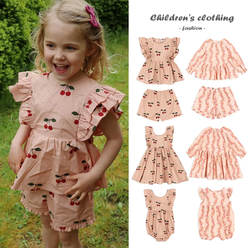 2025 KS Children's Set Summer Cute Sweet Flower Girl Dress Cherry Print Children's Top Shorts Set Baby Jumpsuit Kids Clothes