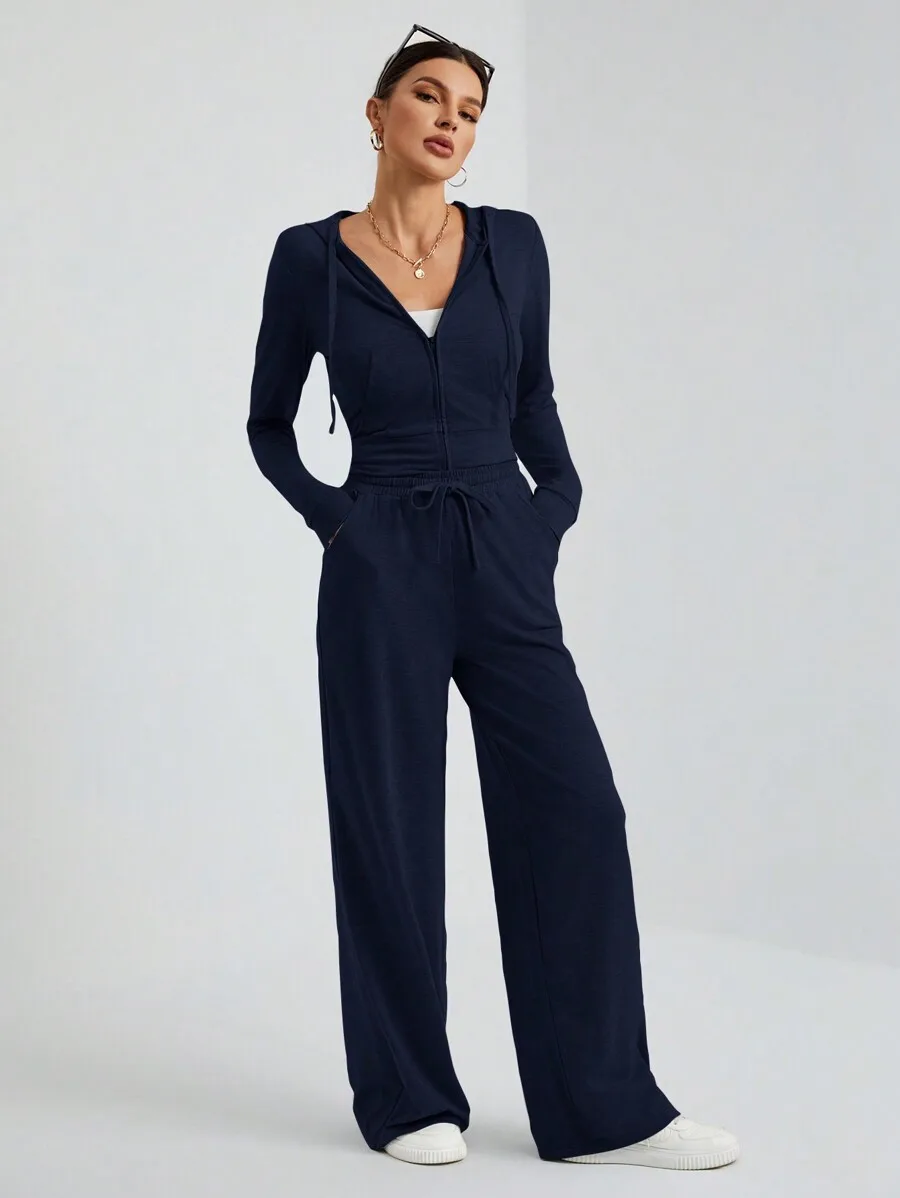 

Casual Hooded Zipper Top And Wide Leg Pants Two Piece Set
