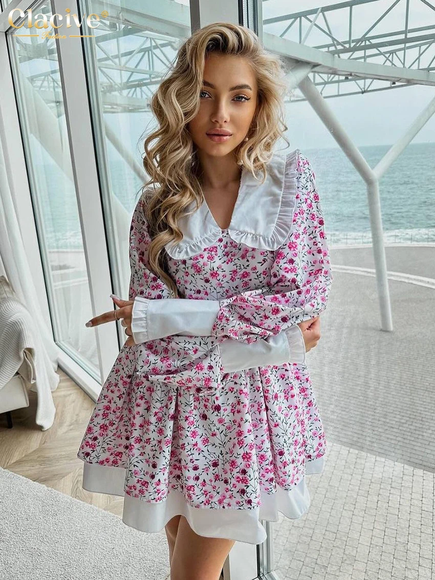 Clacive Fashion Loose Print Women\'s Dress Fashion Doll Collar Lantern Sleeve Mini Dresses Elegant Classic Patchwork Female Dress