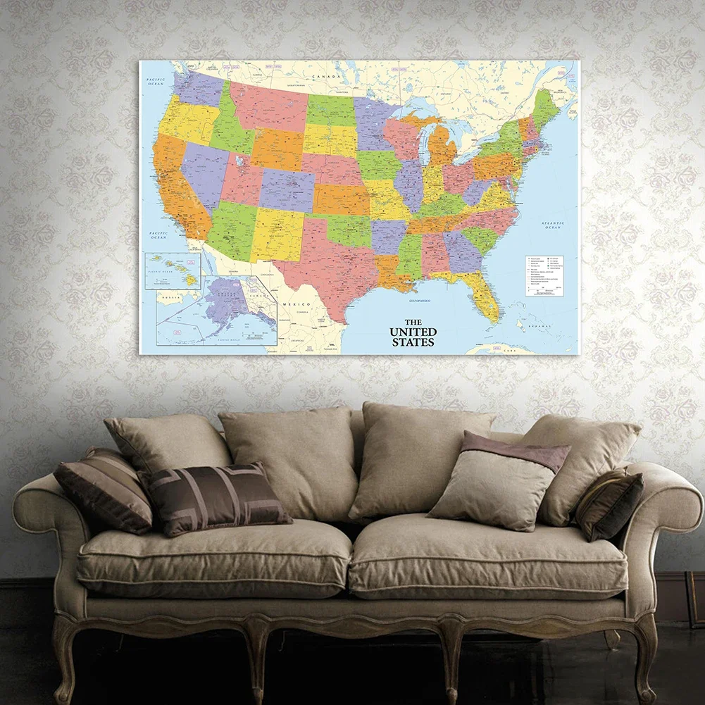 The United State Map Decorative Hanging Picture Print Non-woven Canvas Painting Home Decoration School Teaching Supplies100*70cm