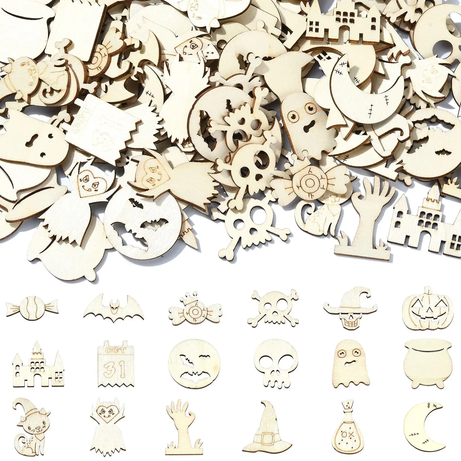 200Pcs Random Halloween Wooden Ornaments Unfinished Blank Skull Bat Moon Wood Slices for Halloween Decoration DIY Supplies