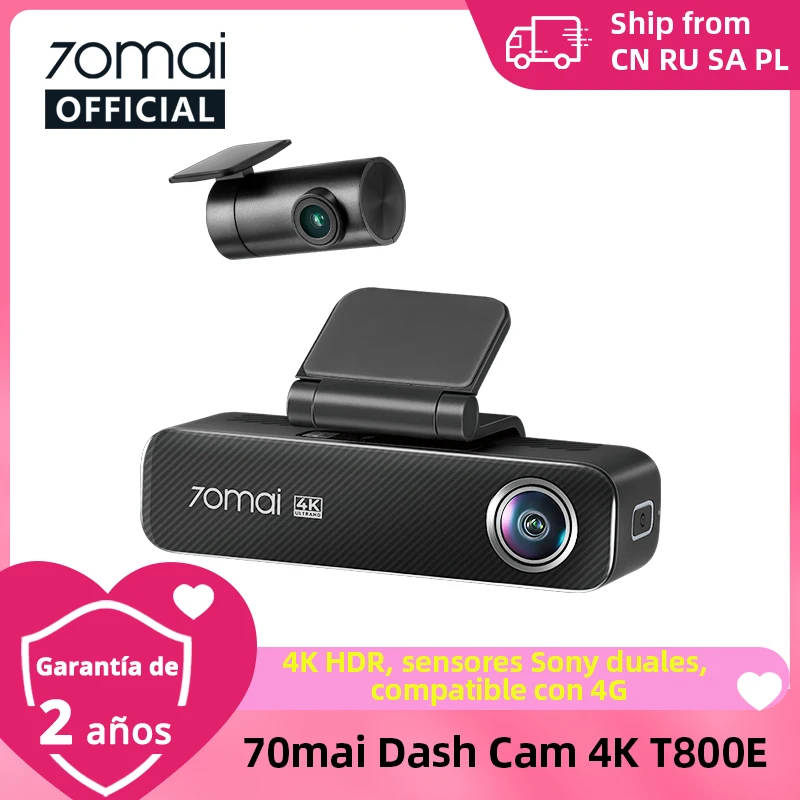 Cámara para Auto 70mai Dash Cam 4K M800 2160P EMMC con 128GB Integrados, GPS, ADAS, Soporte para Monitoreo de Estacionamiento 24H, Compatible con 4G, Versión Mejorada 70mai M500