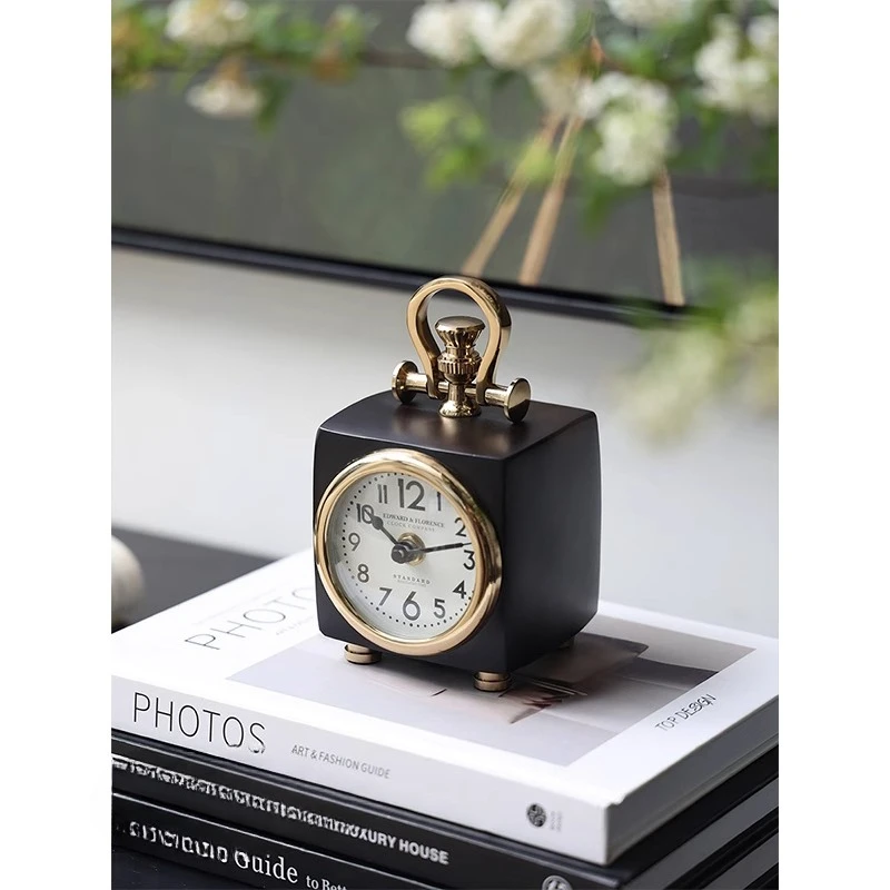

Living room entrance decoration imported metal aluminum small square clock table top ornament