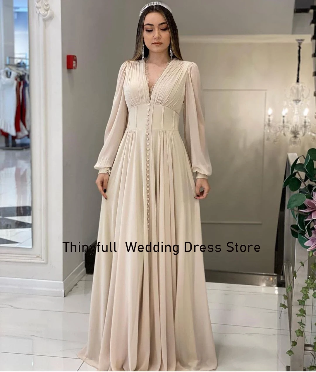 Thinyfull A-line Chiffon Elegant Prom Dress V-neck Long Sleeves Evening Dress 2023 Women Formal Occasion Party Dress with Button