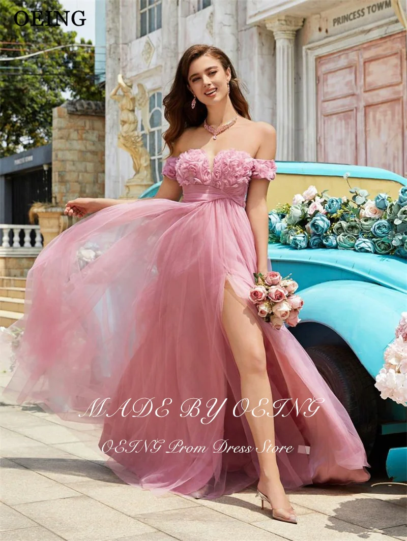 BOEING Prinses A-lijn Prom Jurk Roze 3D Rose Bloem Off Schouder Side Hoge Split Verjaardagsfeestje Jurk vestidos Aangepaste