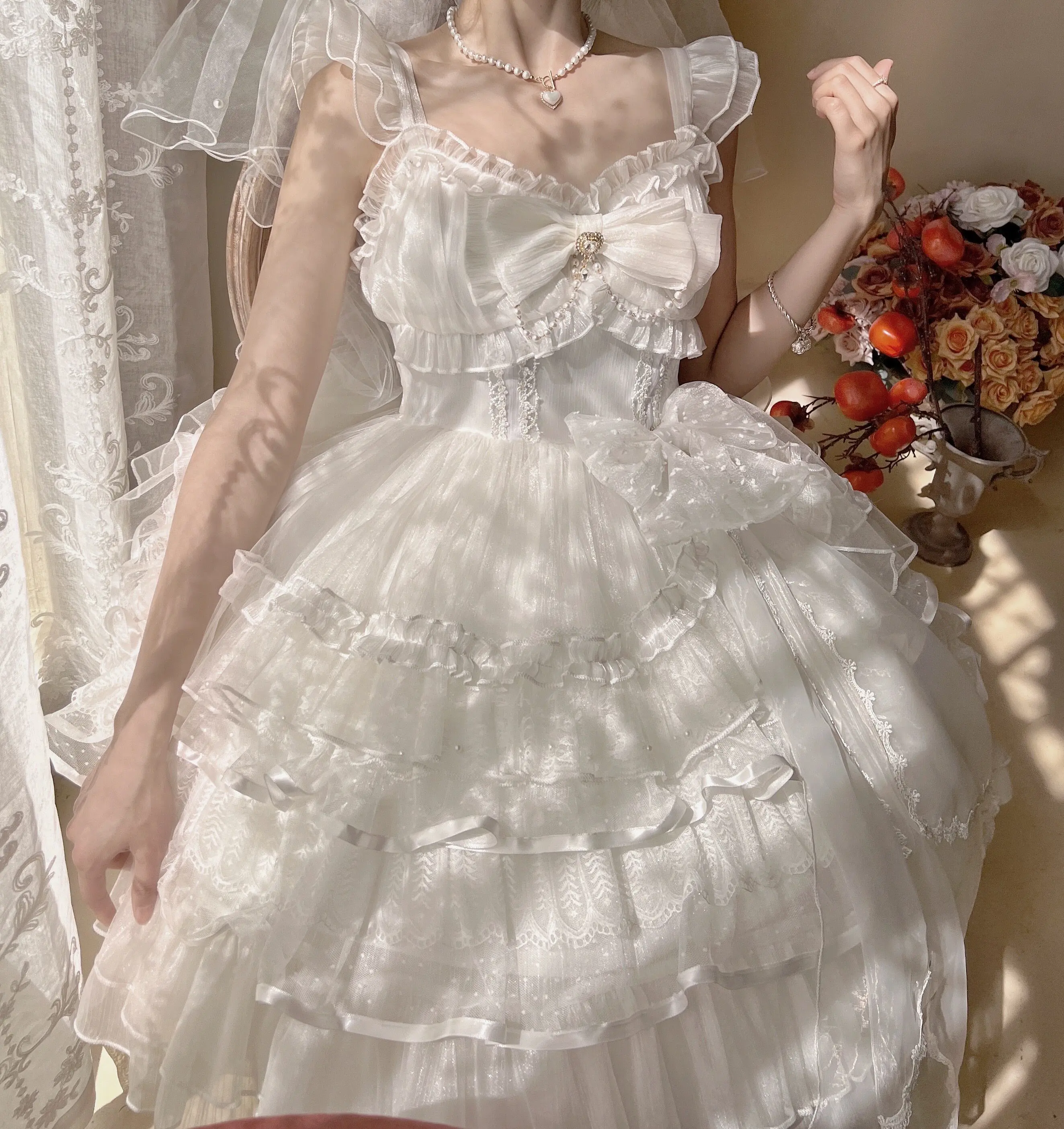 Clássico lolita casamento jsk vestido feminino elegante marfim renda pérola arco tiras em camadas vestido de tule para cerimônia de festa de chá e eventos