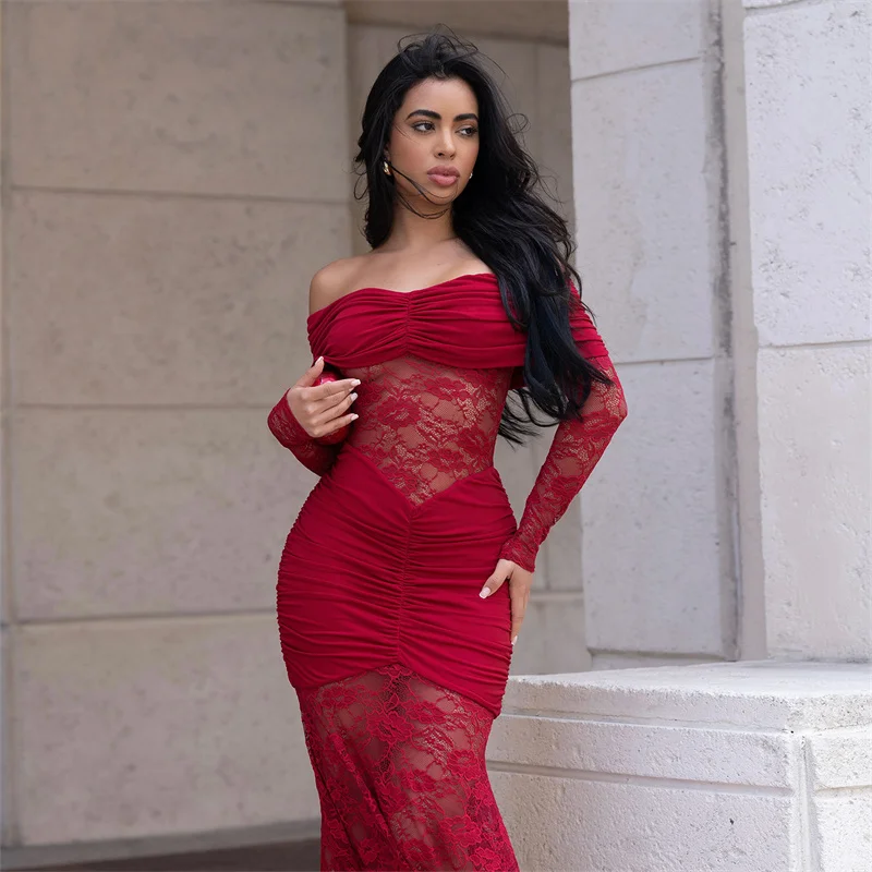 ชุดเดรสยาวทรงเมอร์เมดเปิดไหล่สุดเซ็กซี่สำหรับผู้หญิง ดีไซน์หรูหราด้วยผ้าลูกไม้ซีทรู แต่งระบายช่วงคอแบบเฉียง ชุดราตรีสำหรับงานปาร์ตี้กลางคืน