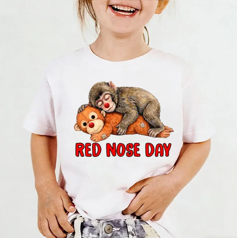 Punch The Monkey Red Nose Day Girls and Boys T Shirt Cute Baby Monkey with Plush Toy Viral Meme Graphic Tee Casual Trendy Tops