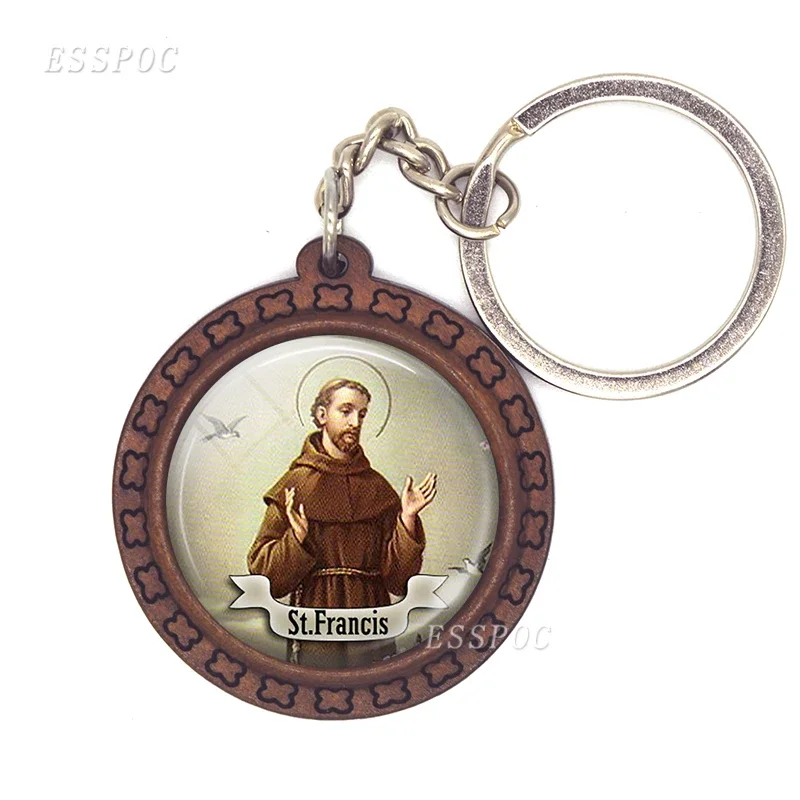 Virgin Mary Christian St Michael Clare Francis Religion Wooden Keychain Glass Cabochon Jewelry Women Men Pendant Key Chain Gift