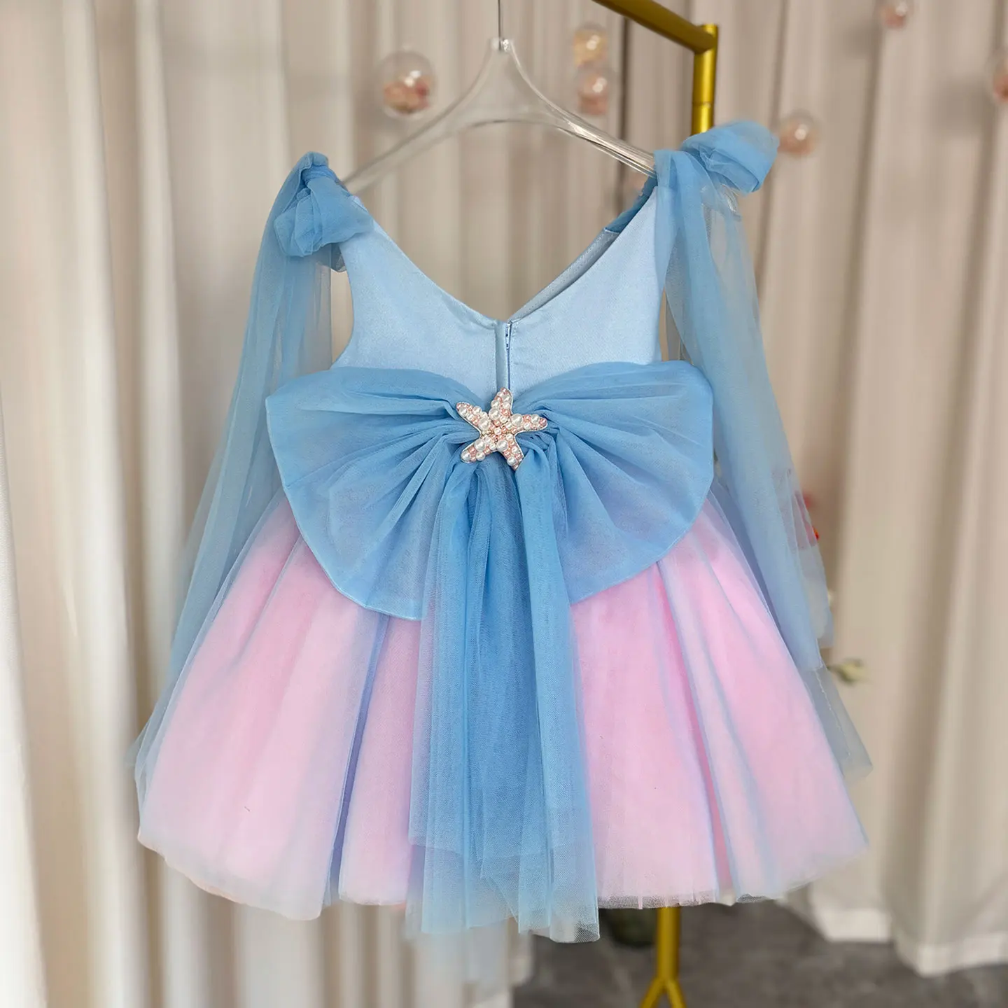 Jill Wish J072 Luxury Blue Toddler Girl Dress Jellyfish V-Neck Knee Length for Kids Wedding 1st Birthday Holiday Party Gown