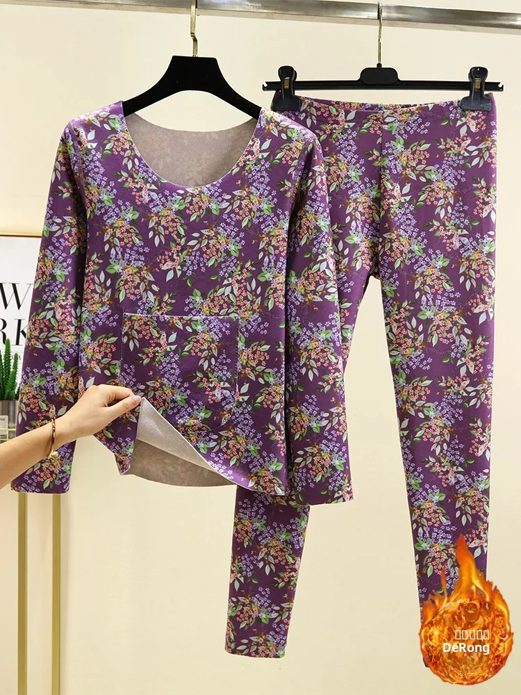 

Утепленный двусторонний бархатный комплект с цветочным узором для женщин: зимнее термобелье с флисовой подкладкой, комплект из двух предметов для базового слоя