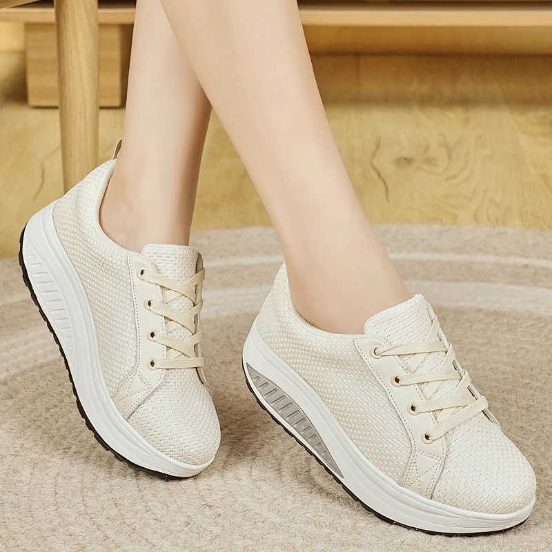 

Женские вязаные сетчатые кроссовки на танкетке - дышащие, нескользящие, повседневные прогулочные туфли на шнуровке