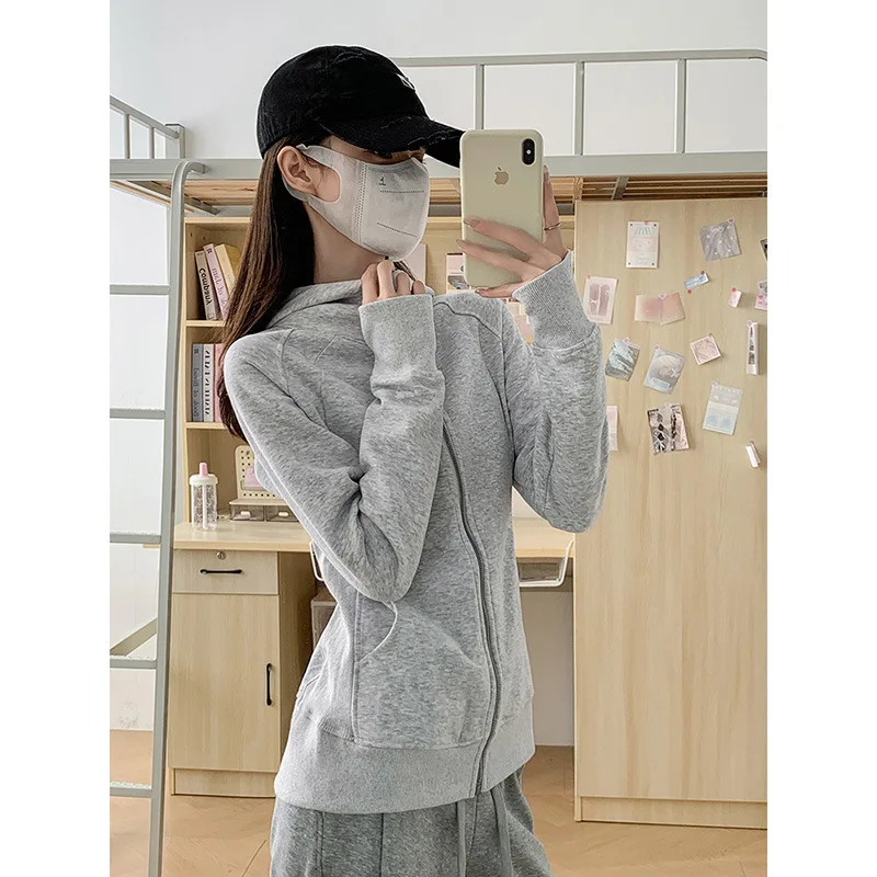 

Women's Gray Hooded Sweatshirt Spring Autumn Zip Up Cardigan Sporty Jacket Slim Fit Long Sleeve Trendy Style