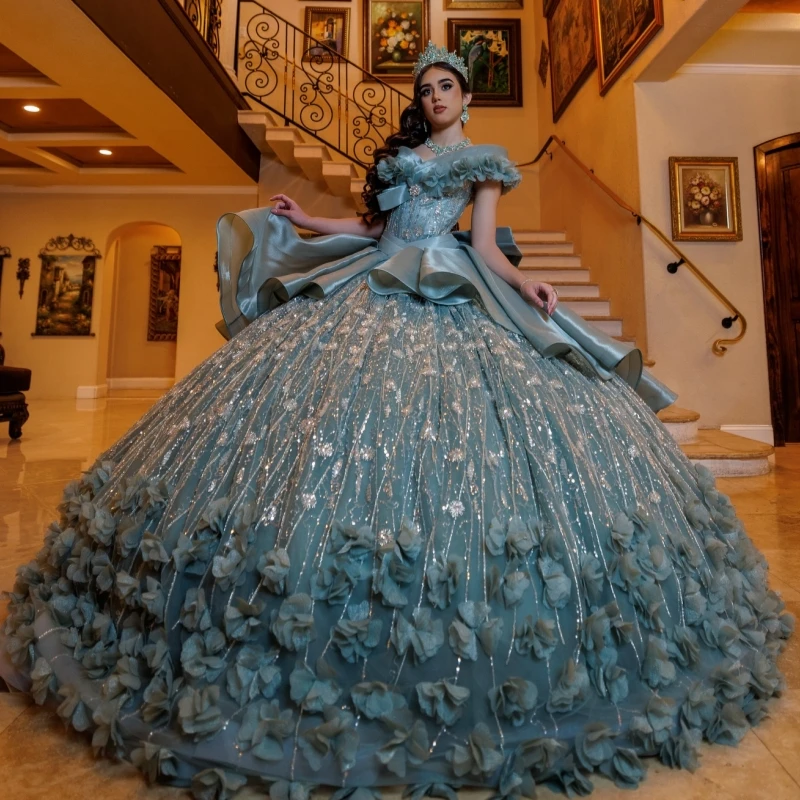 

Голубое платье Quinceanera, бальное платье с открытыми плечами и блестками, аппликация, цветок, бисер, кристалл, тюль, сладкое платье 16, Vestidos 15