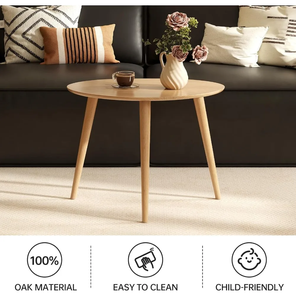 Mid Century Modern Small Oval Coffee Table, 25.6 Solid Oak Wood Living Room Side Table