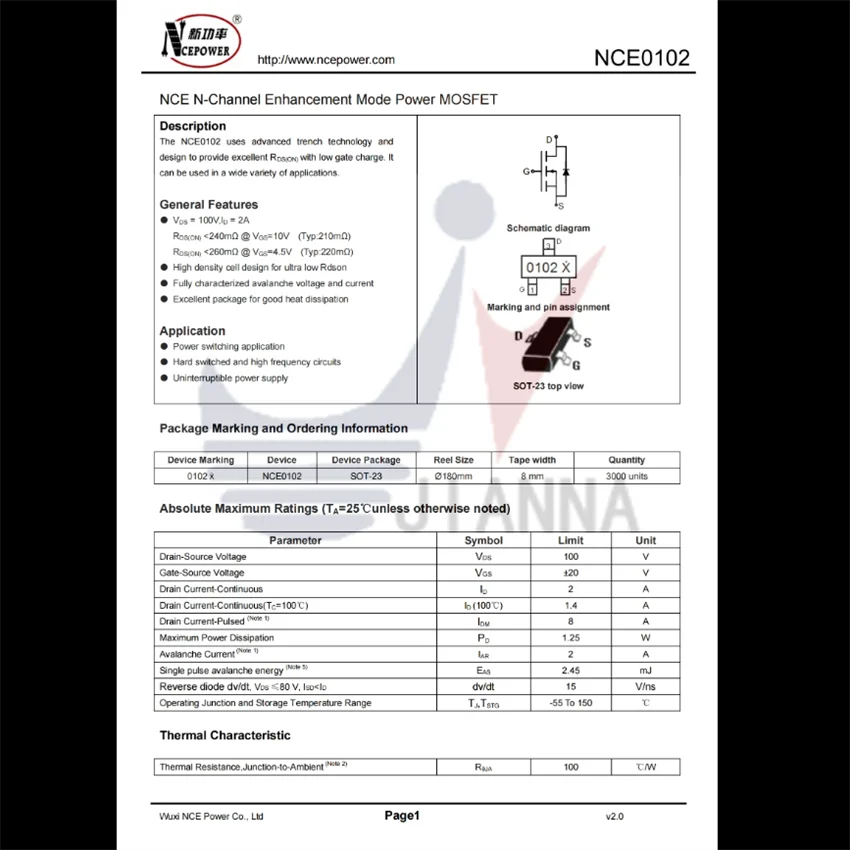 NCE0102 SOT-23 100V/2A N-channel MOS FET clean energy