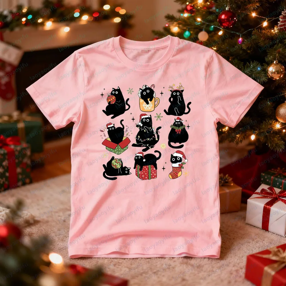 Black Cat Christmas Tshirt Cute Christmas Cat Printed T-shirt Cat Lover Gift Tee Retro Christmas Women Men Festival Costumes