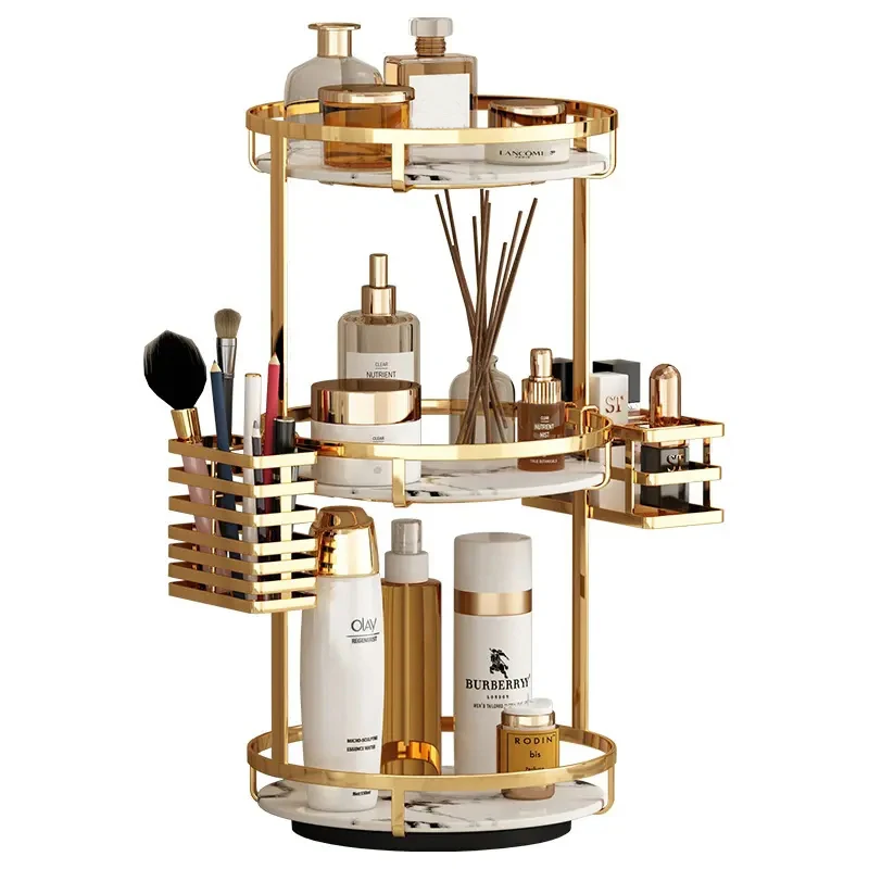 Luxury Gold Bathroom Shelf Marble Countertop Organizer 360 Rotating Cosmetic Storage Box with Lipstick Holder Makeup Brush Rack