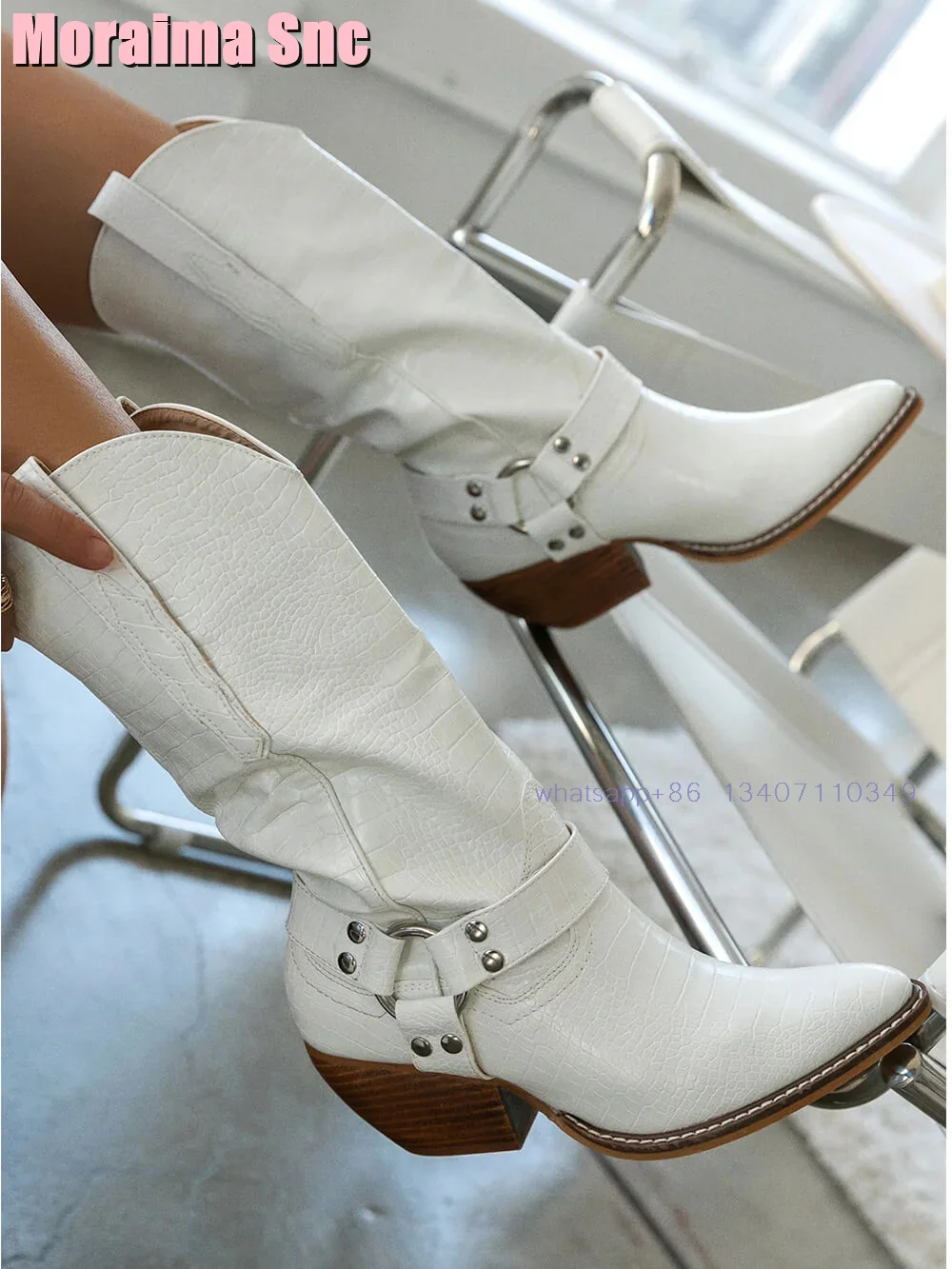 White Buckle Strap Detail Mid-Calf Western Cowgirl Boots Pointed Toe Block Chunky Heel Fashion Women's Boots 2024 New