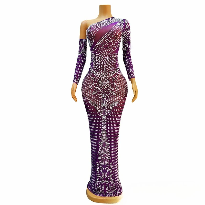 

Sexy Premium Purple Slanted Shoulder Drape Evening Dress Adult Model Catwalk Trendy Fashion Party Performance Clothes Abendkleid