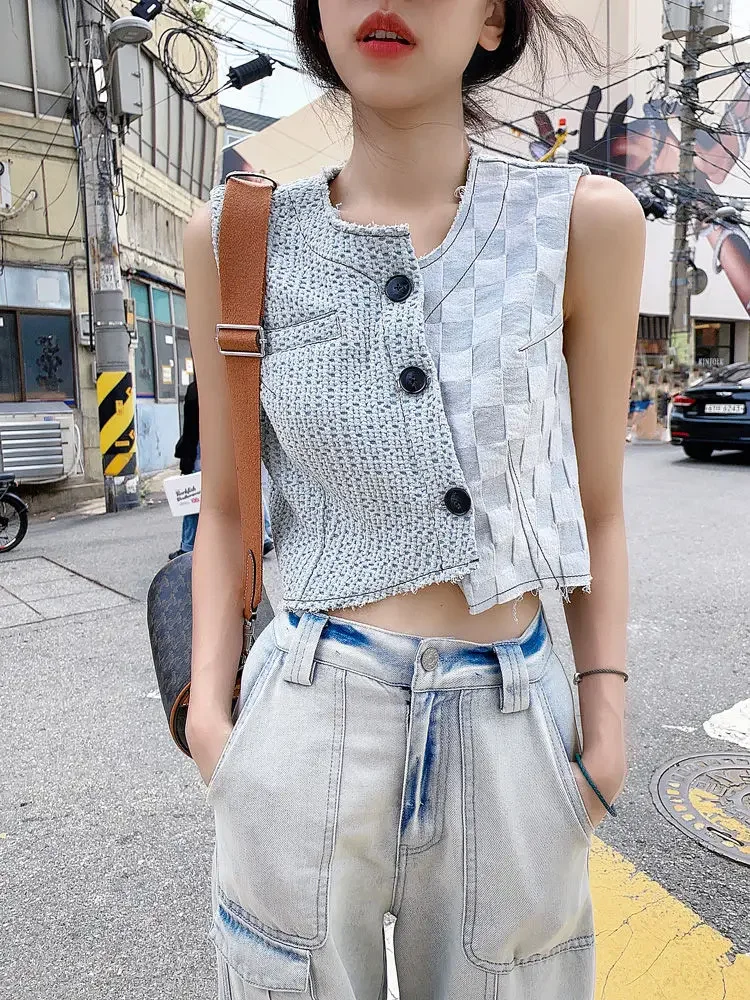 Miiiix Korean Fashion Summer Retro Small Fragrant Texture Jacquard Top Asymmetric Design Sensation Thin Vest Female Clothing