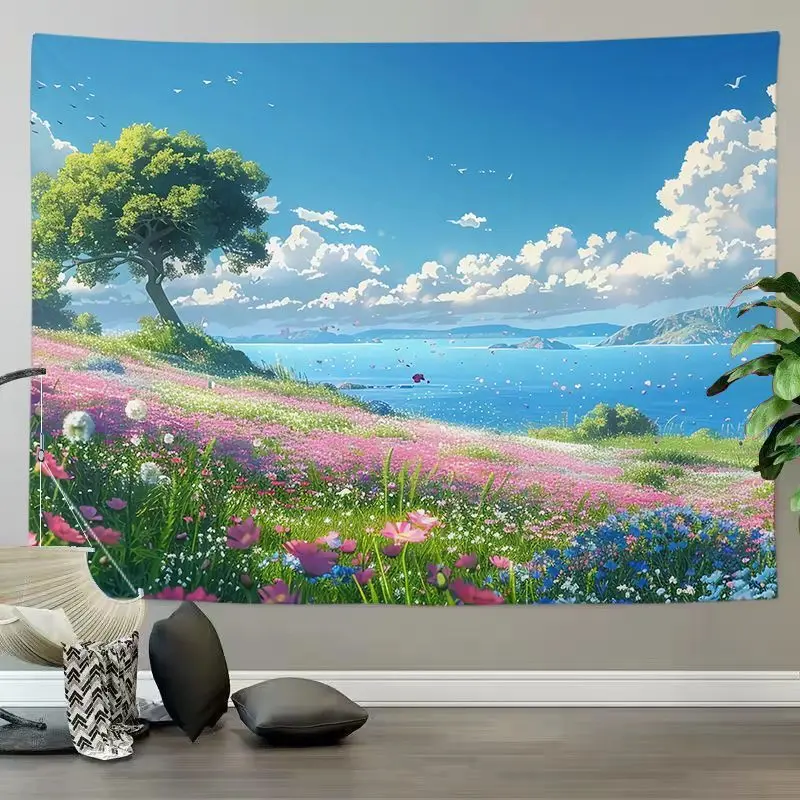 VIKAMA Anime Lakeside Windmill Hut Tapestry, High Definition Wear-Resistant Fabric Wall Art for Living Room Decor