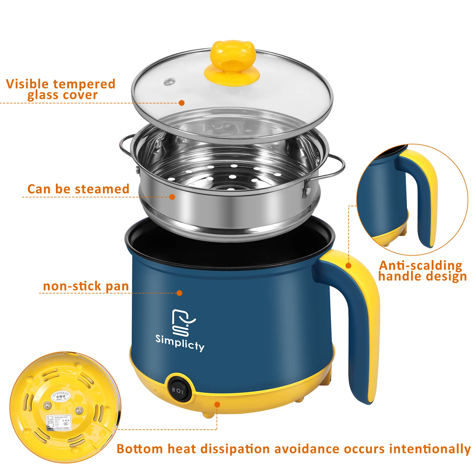 1.8L Mini Electric Hot Pot 2 Gear Electric Cooking Pot Non-stick Noodles Cooker Dry Protection for Ramen Soup Porridge UK Plug