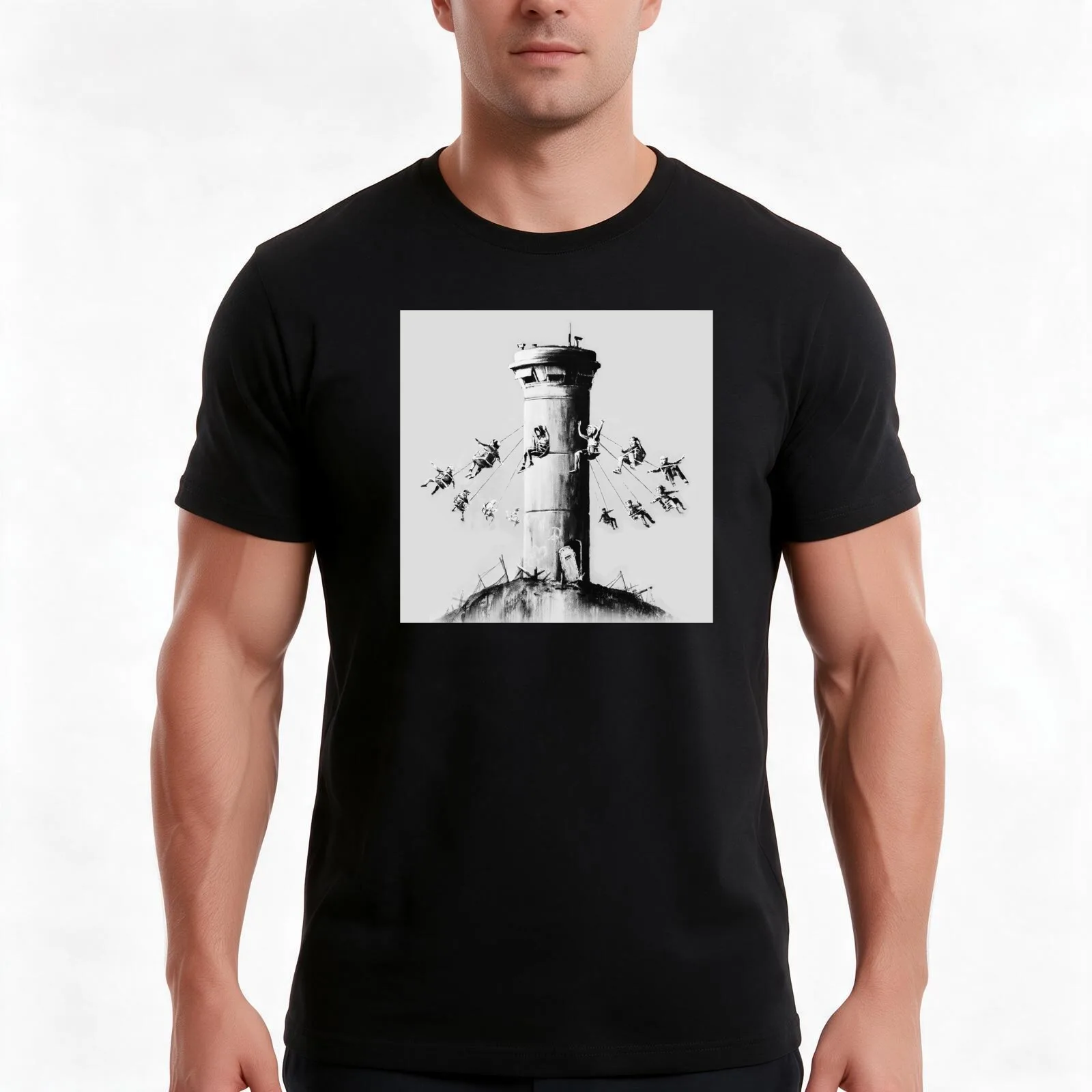 Watchtower Stencil Street Art - Banksy T-Shirt Summer Casual Cotton Tee Oversized Streetwear Tops Vintage Graphic Print