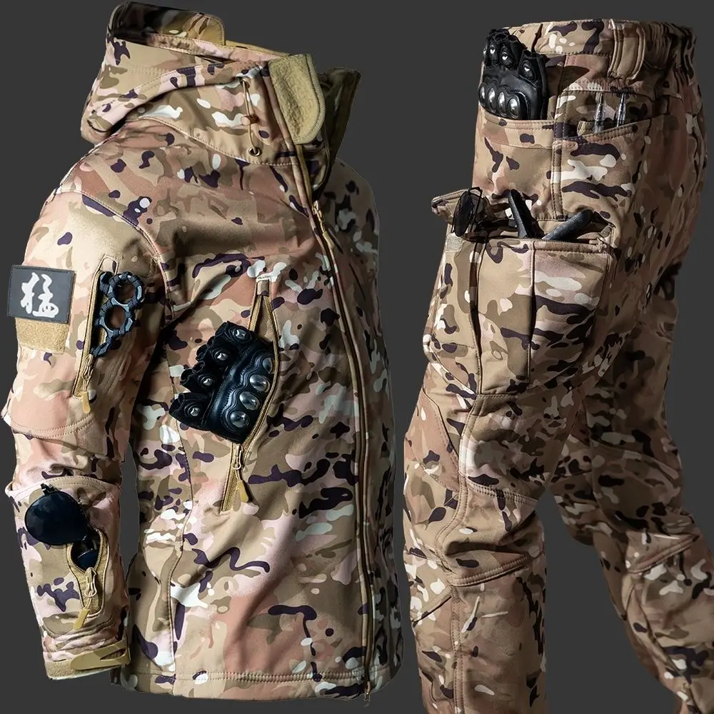 Kurtka męska 6XL 2025 z miękkiej skórki rekina, outdoorowa, zimowa, taktyczna, wodoodporna, ciepła, z podszewką z polaru, taktyczny komplet zimowy.