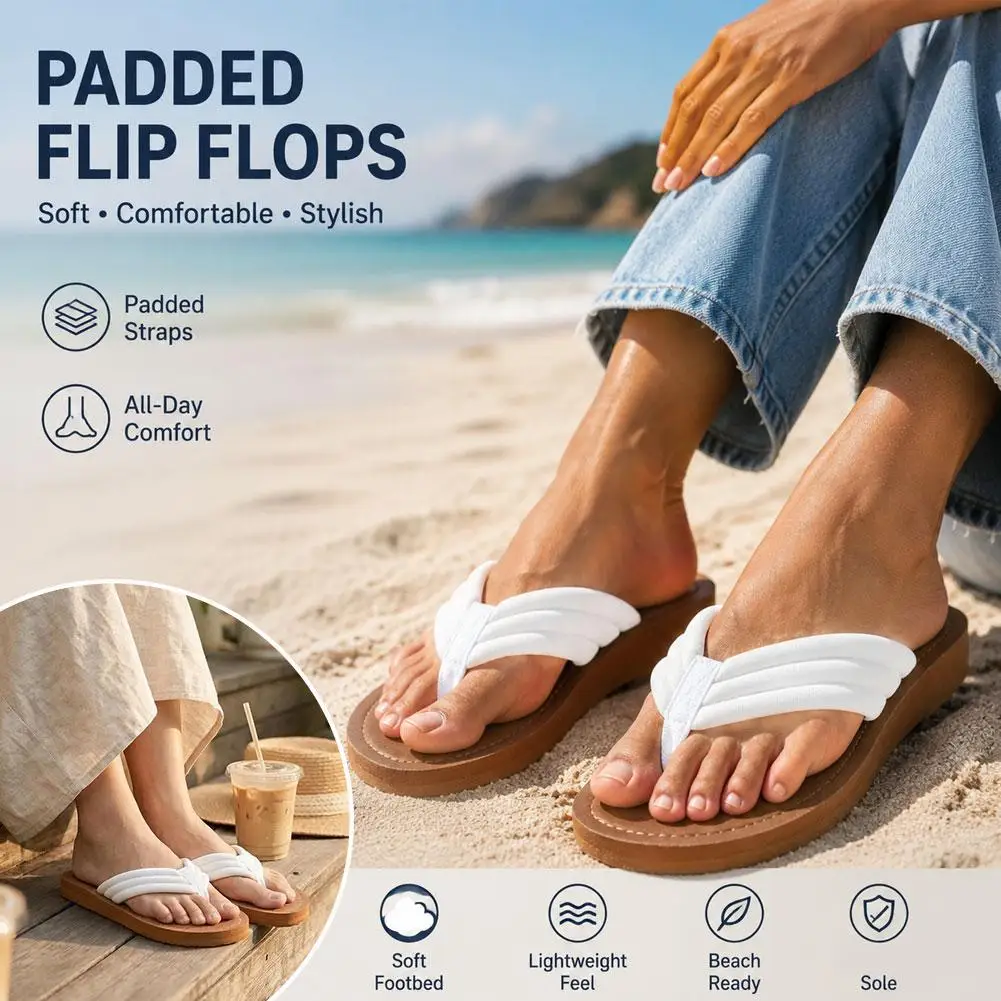 Women's Padded Strap Flip Flops Soft Foam Platform Sandals Flat Thong Slippers Casual Beach Vacation Walking Shoes