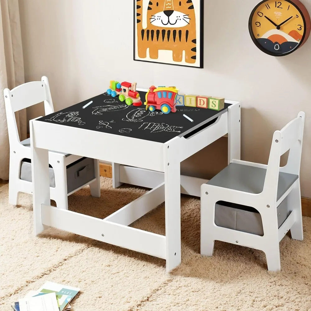 

Kids Table and 2 Chairs Set, Wooden Activity Table W/Storage Drawers, 2 in 1 Detachable Tabletop, Storage Space