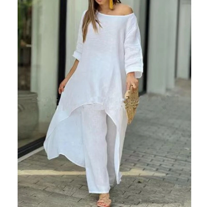 Fashion Cotton and Linen Loose Long Blouse Dress Elegant Women Casual Pants Irregular 2 Two Piece Set Suit O Neck Ladies Outfits