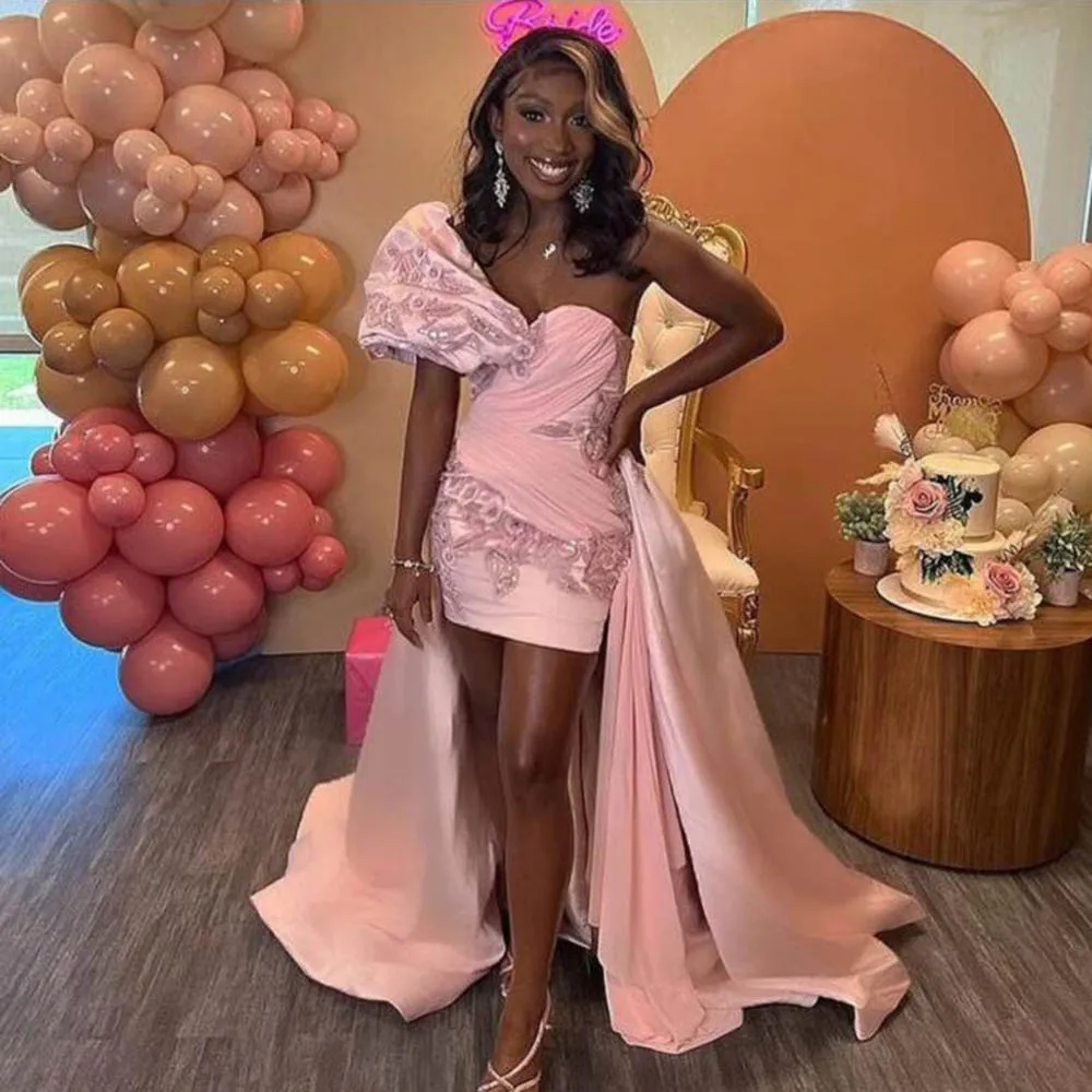 One Shoulder Pink Prom Dresses With Beaded High Low Short Birthday Dress Pleats Formal Girls Evening Party Gowns