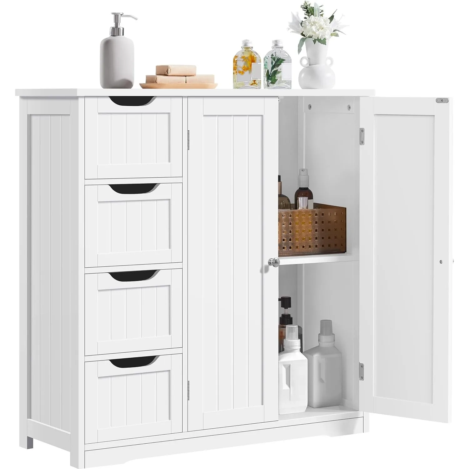 Wooden Bathroom Floor Cabinet, Side Storage Organizer Cabinet with 4 Drawers & Double Doors, Customized