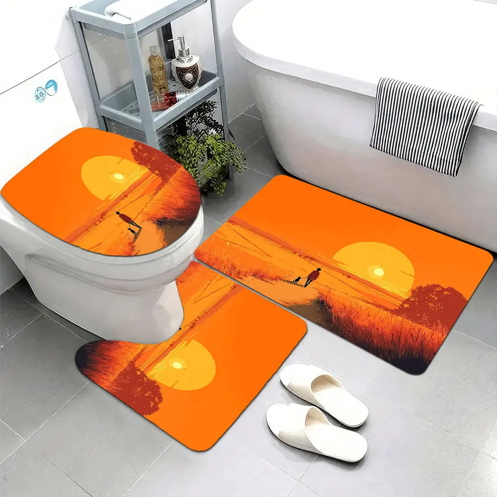 

Набор из 3 ультрамягких ковриков для ванной комнаты с нескользящей основой, с изображением человека, выгуливающего собаку под оранжевым деревом.