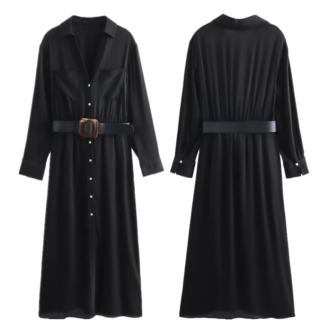 

Jenny&Dave Fashionable And Casual Commuting Dress Elegant Black With Belt For Women French Retro Pleated Midi Dress