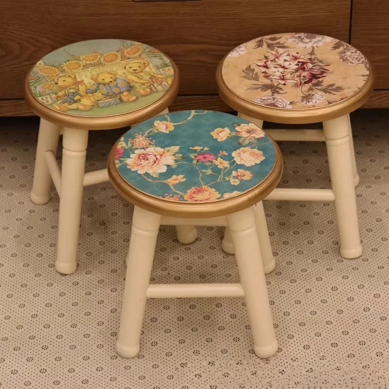 American Small Wooden Stool with Printed Pattern, Entryway Shoe Changing Seat, Creative Round Stool for Home Living Room