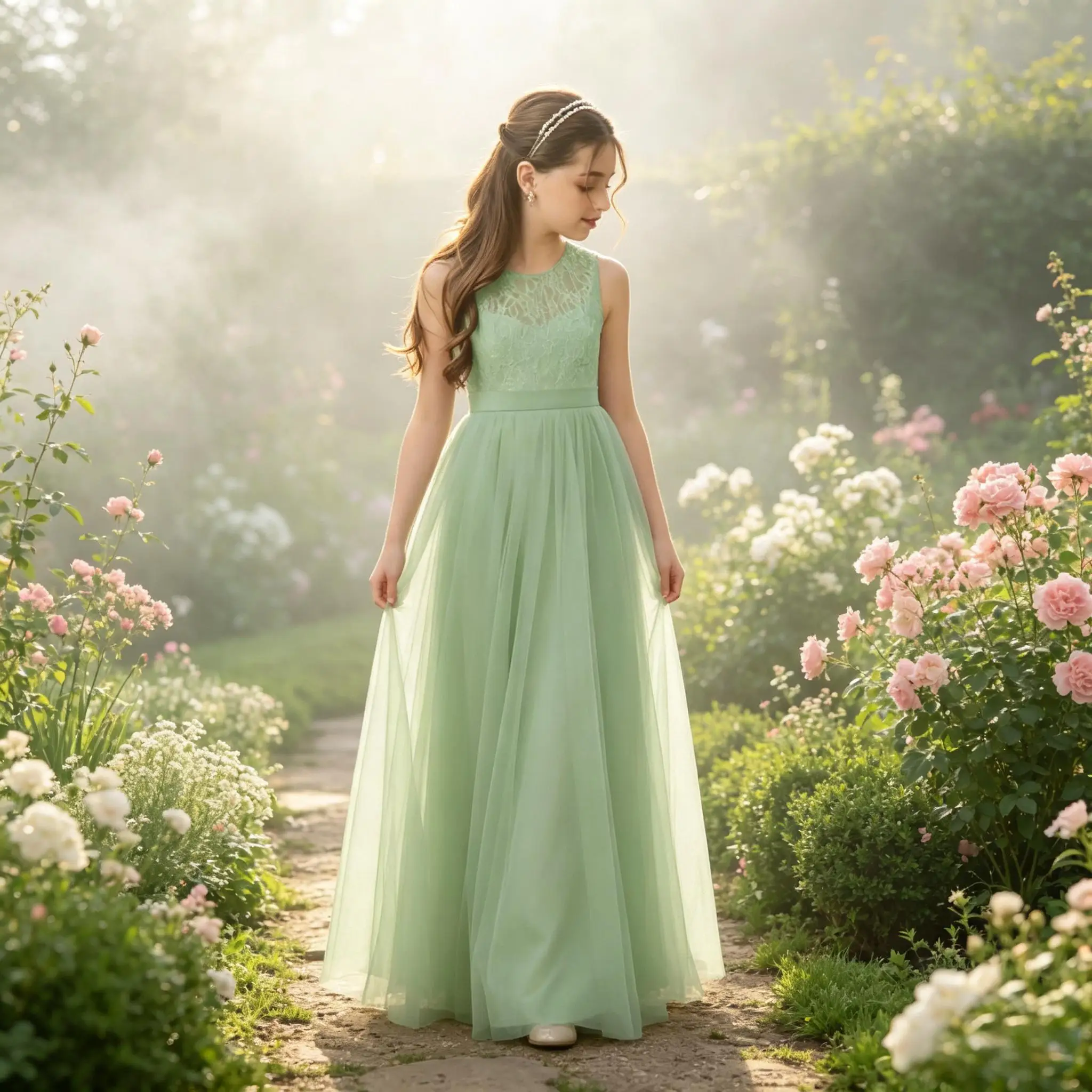 Cswdocy Delicate Girls Bridesmaid Dress Lace Bodice Waistband Flowy Tulle Flower Girl Dress For Pageant Formal Party Birthday