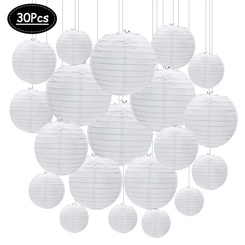 30 stks/set Witte Papieren Lantaarns Chinese Hangende Ronde Lantaarn Lamp voor Bruiloft Verjaardag Verjaardagsfeestje Decoratie Kerstmis
