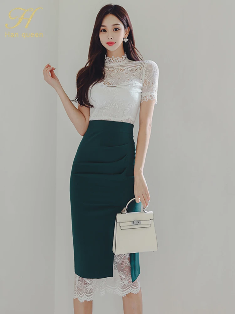 Han Queen 2024 Summer Dress Set Simple White Lace Tops + Midi Skirts Korean Set Woman 2 Pieces Chic And Elegant Female Clothing