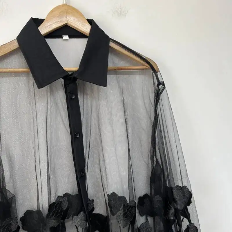 WVGA صيف جديد الرجال المد التطريز بقماش شفاف الطبقات شخصية قمصان طويلة الأكمام المتخصصة تصميم شيك قميص غير رسمي Ins W8066