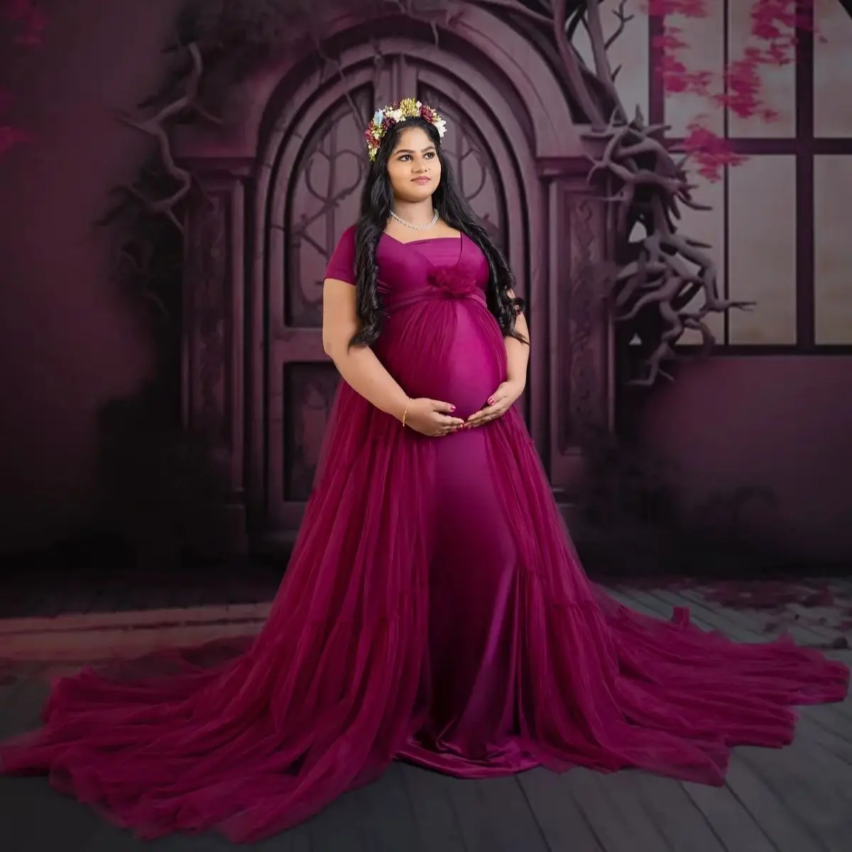 

Pretty Prom Dresses Sweetheart Ruffles Women Pregnancy Maternity Robes Tiered Ruched Baby Shower Gowns Photography Props