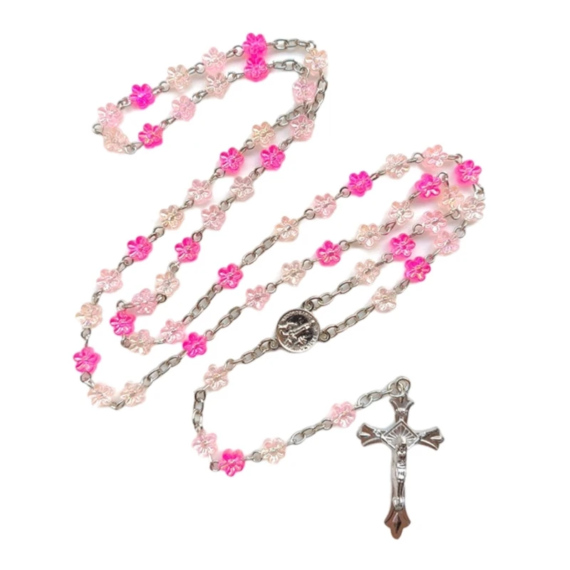 Flower Beads Crosses Rosary Necklace Hangable Pendants Long Chain for Womens Men Religious Neckchain Praying Meditations